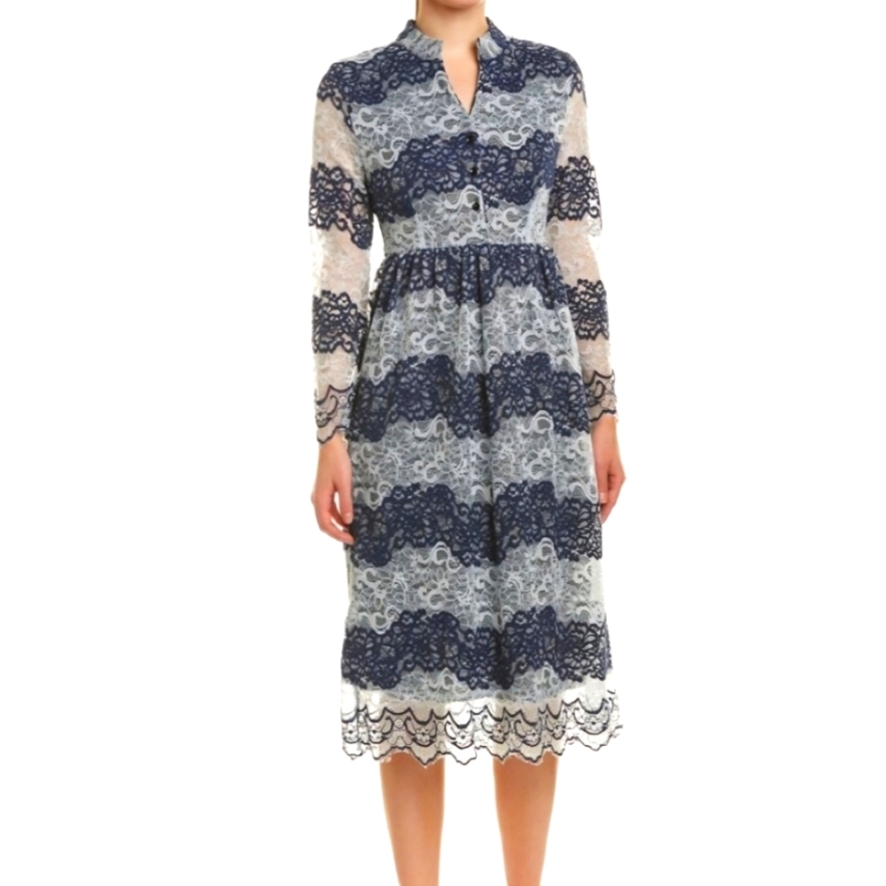 Kaimilan Long Sleeve Navy And White Striped Lace‎ Dress Women's Size XXL